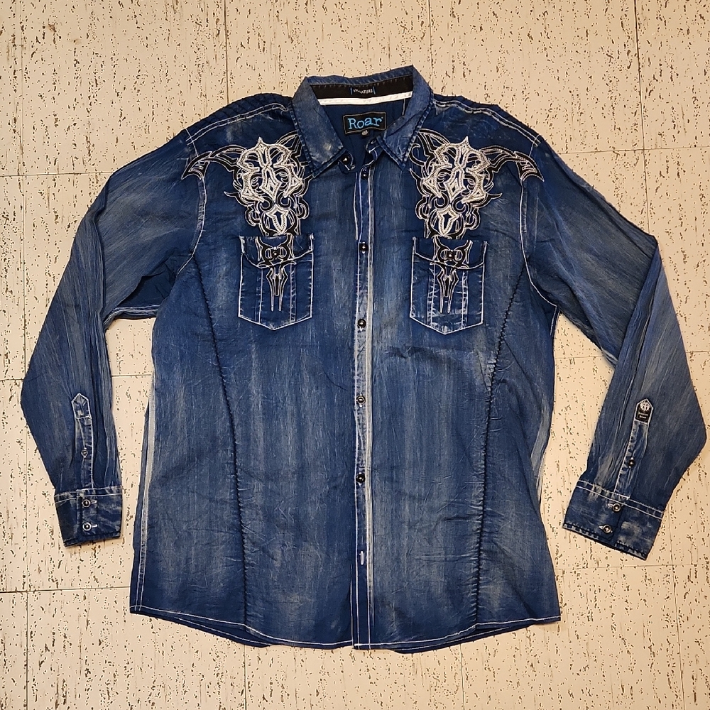 Roar Navy Blue Affliction Style Button Down Long Sleeve Dress Shirt Vintage Y2K